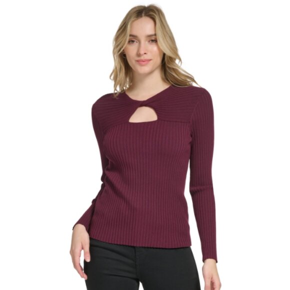 Calvin Klein Sweaters - CALVIN KLEIN Long Sleeve Ribbed Keyhole Sweater Port Burgundy MI3